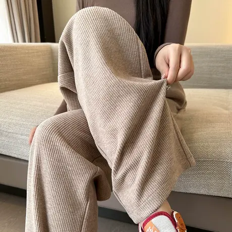 针织羊绒阔腿裤女秋冬季显瘦高腰慵懒风休闲糯米裤垂感直筒裤子图片