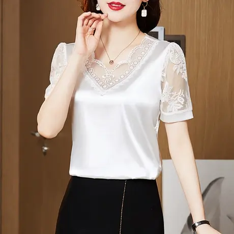 缎面漂亮时尚雪纺衫短袖女装今年新款蕾丝小衫v领上衣超洋气欧货商品大图