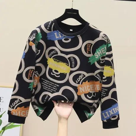 欧洲站2023冬装新款女装圆领长袖卡通图案宽松显瘦加绒卫衣女上衣商品大图