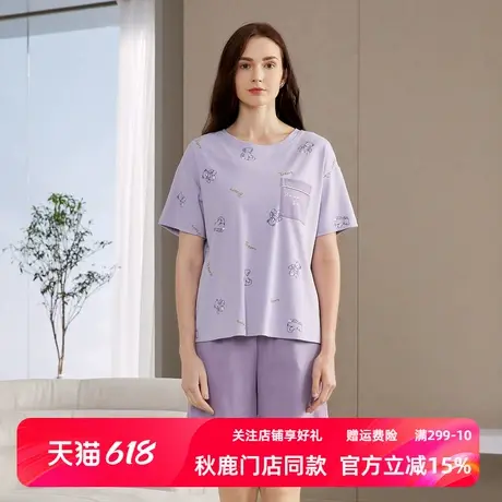 秋鹿【清仓仅剩M码】卡通印花睡衣夏季短袖短裤圆领纯棉家居服女商品大图