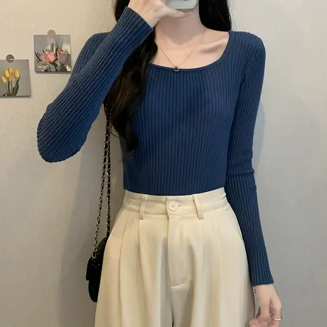 2022长袖女秋冬修身保暖方领打底衫闺蜜甜辣风ins潮针织内搭上衣图片