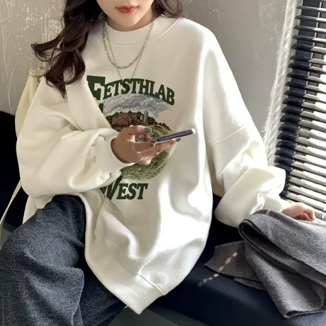 冬季卫衣女复古chic加绒加厚大码无帽设计感小众ins潮牌休闲上衣商品大图