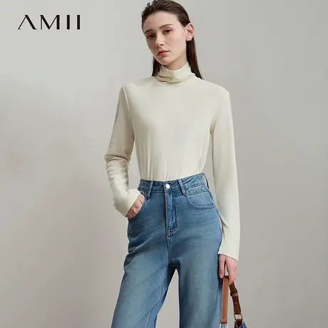 Amii2025秋新款百搭实穿堆堆领橡筋缩褶弹力醋酸T恤女打底上衣商品大图