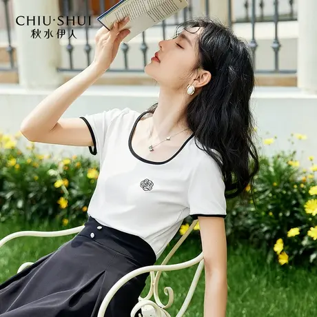 【悟空粉丝专享】秋水伊人撞色方领性感修身T恤夏女装上衣女商品大图
