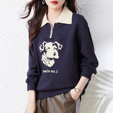 翻领长袖卫衣女春秋季新款宽松加肥大码女装休闲减龄显瘦拉链上衣商品大图