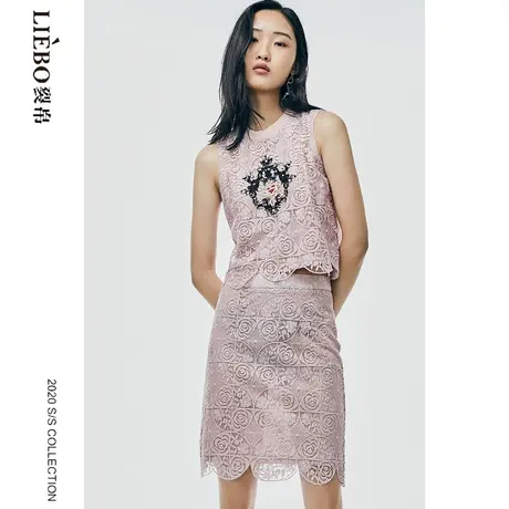裂帛LIEBOFeng原创设计ins干枯玫瑰粉浪漫优雅刺绣蕾丝无袖裙套装图片