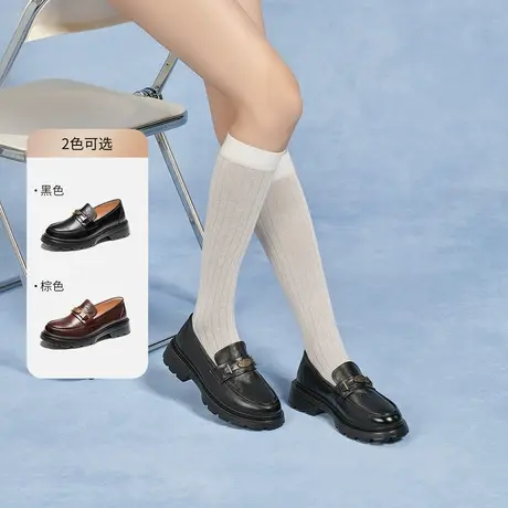 奥康 女鞋秋季真皮乐福鞋学院英伦风JK单鞋复古厚底小皮鞋图片
