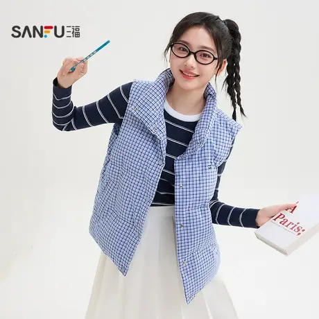 三福马甲2025冬季樱桃刺绣立领格子宽松外套女装506215图片
