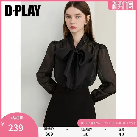 DPLAY2025年秋季新款黑色衬衫女泡泡袖蝴蝶结飘带设计长袖上衣商品大图