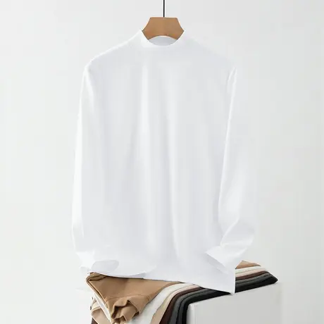 长袖t恤男纯色白色半高领秋季小衫德绒双面绒保暖中领内搭打底衫商品大图