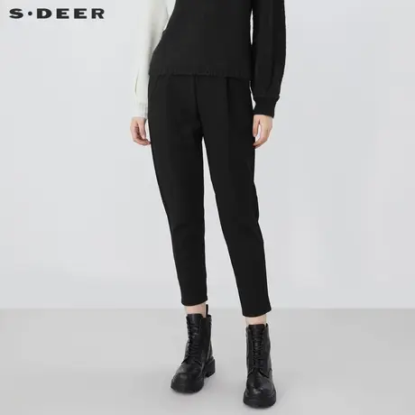 sdeer圣迪奥女装休闲松紧拼接压褶黑色长裤小脚裤S21480831商品大图
