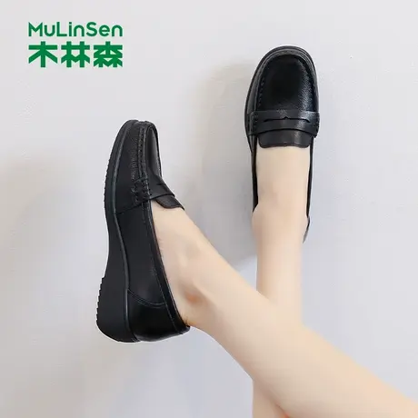 木林森女鞋2025年秋季新款女士不累脚妈妈鞋一脚蹬单鞋高级豆豆鞋商品大图