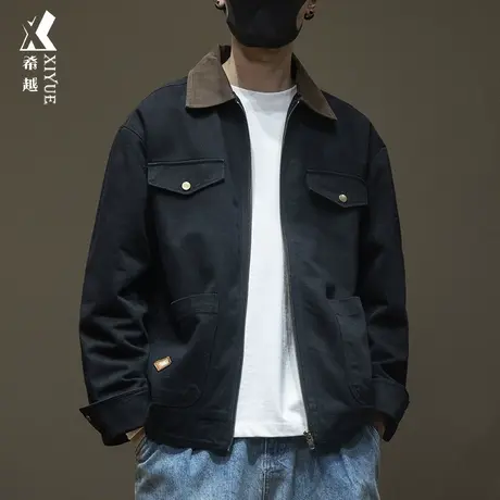 希越潮流纯棉工装夹克男拼接撞色春秋宽松大码多口袋水洗衬衣外套商品大图