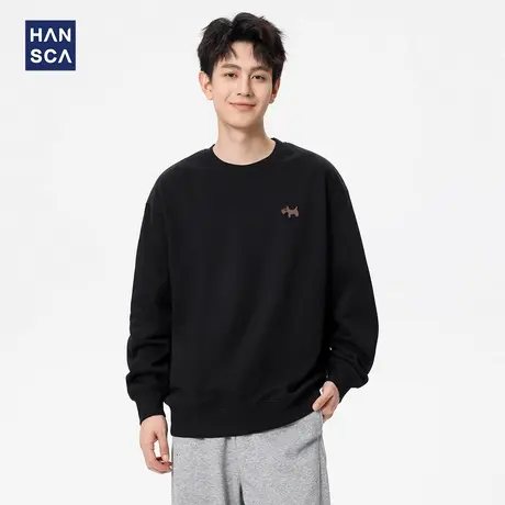 hansca萌宠小狗刺绣圆领卫衣男2025新款秋季360g重磅宽松黑色上衣商品大图