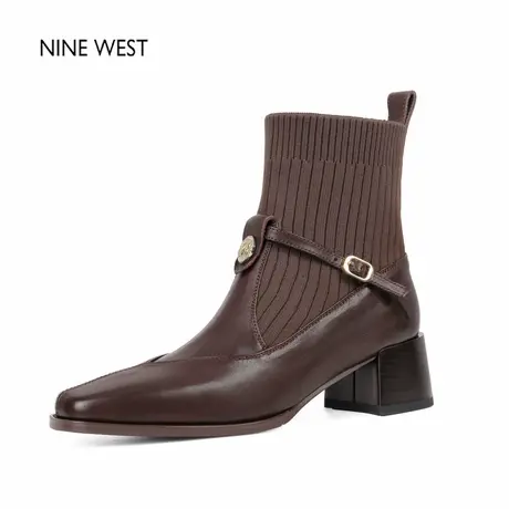 奥莱专供Nine West/玖熙瘦瘦弹力靴方头粗跟袜靴咖色短靴女款靴子图片