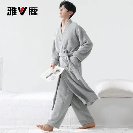 雅鹿睡衣男款秋冬季加绒加厚保暖睡袍可外穿珊瑚绒男士家居服套装商品大图
