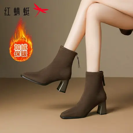 红蜻蜓时尚女靴2025秋冬尖头粗高跟真皮加绒保暖法式气质瘦瘦靴子图片