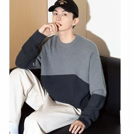 唐狮冬季新款男毛衣日系休闲百搭撞色拼接圆领针织上衣男装潮TD商品大图
