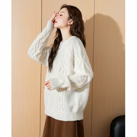 唐狮新款春秋季女毛衣棕色美拉德韩系慵懒圆领净色绞花毛线衫TE图片