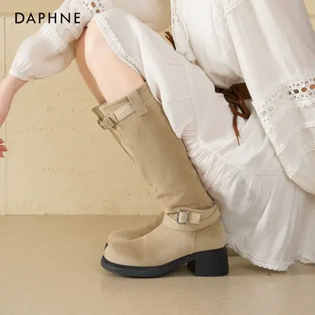 达芙妮不过膝长筒靴女2025新款秋季粗跟显瘦西部高筒靴厚底骑士靴商品大图