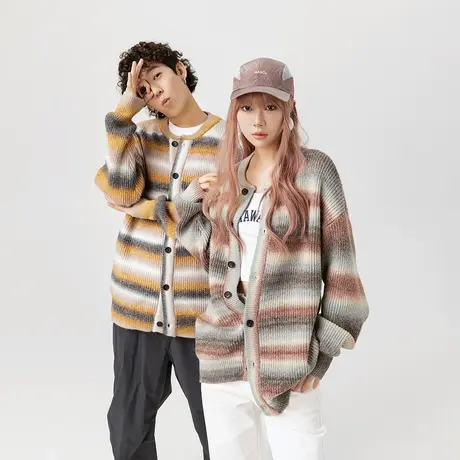 美式复古做旧条纹毛衣女秋冬2023新款情侣装潮牌宽松针织开衫外套图片