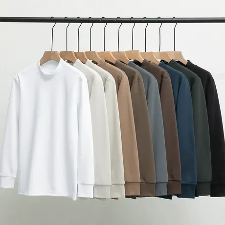 450g重磅白色t恤男长袖半高领打底衫加绒加厚中领小衫内搭秋衣服图片