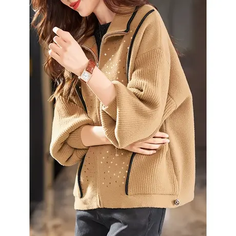 宝诗黎翻领亮片针织拼接仿毛呢宽松短外套女秋季拉链开衫2023新款商品大图