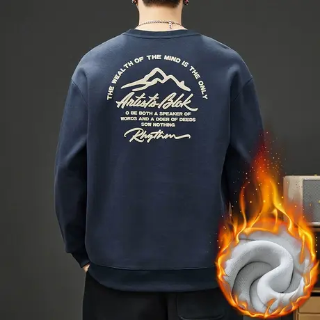 冬季男装加绒加厚保暖圆领卫衣秋冬款宽松重磅潮牌印花长袖上衣服商品大图