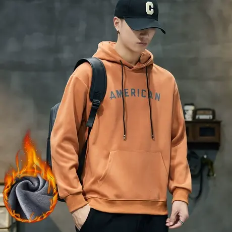 男生秋冬款美式高街连帽卫衣外套冬季加绒加厚保暖防寒长袖上衣服图片