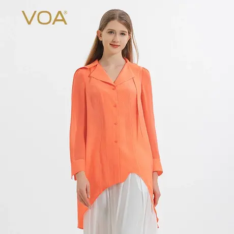 VOA提花冠乐绉桑蚕丝橙色翻领不规则下摆设计单排扣长袖真丝衬衫图片