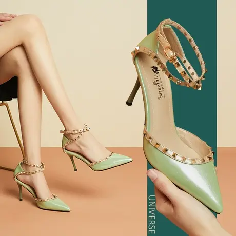 清仓包头凉鞋女细跟夏季气质尖头绿色高跟鞋一字扣带铆钉女鞋图片