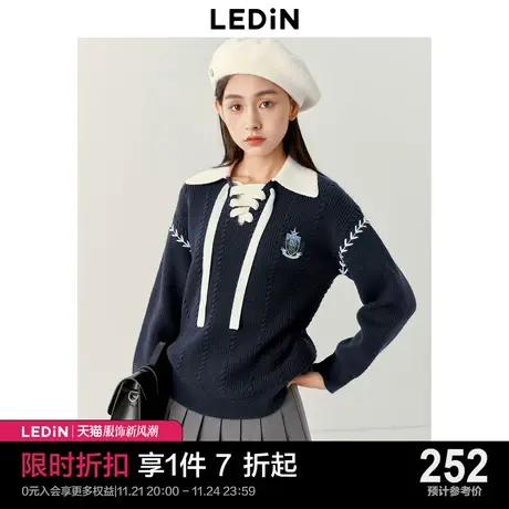 乐町撞边休闲POLO领针织衫冬V领绑带设计美式学院风宽松套头毛衣图片