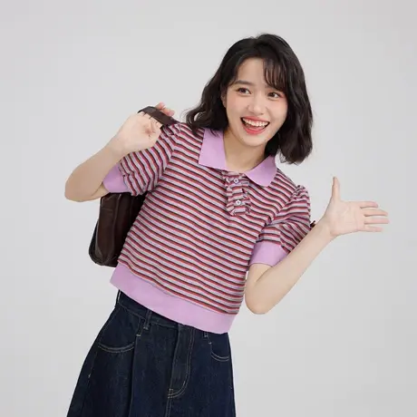 尔给条纹短袖t恤女夏chic甜辣短款上衣显瘦2022年新款商品大图