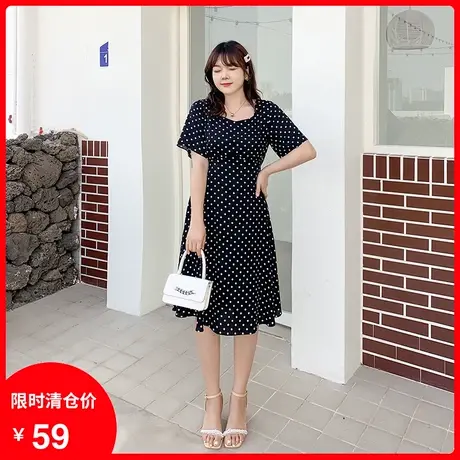 【清仓】新款法式方领显瘦雪纺波点中长款遮腹大码胖MM连衣裙茶歇商品大图