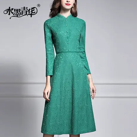 【1件7.9折】秋新款复古立领时尚修身收腰优雅蕾丝A字连衣裙商品大图