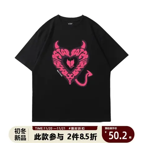 美式嘻哈设计感恶魔爱心印花重磅短袖男款ins高街宽松半袖黑色t恤商品大图