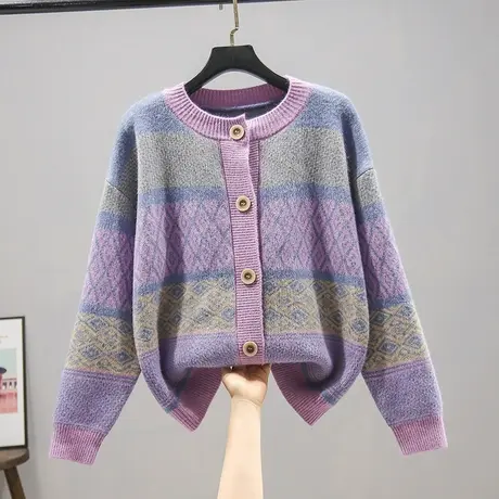 2023春装新款韩版宽松圆领针织衫长袖女百搭开衫毛衣上衣撞色外套商品大图