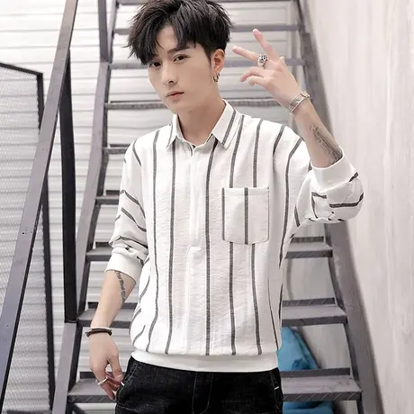 夏季宽松条纹衬衫短袖t恤男士宽松休闲上衣服潮流港风冰丝感体恤商品大图
