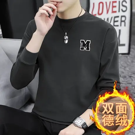 德绒卫衣男宽松潮流百搭秋冬保暖套头无帽上衣双面绒圆领长袖t恤商品大图