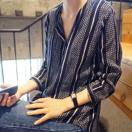 新款竖条纹显瘦前后两穿七分袖衬衫柳叶条印花衬衣女宽松大码上衣商品大图