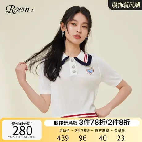 ROEM商场同款英伦甜美学院风毛针织衫2023春夏新款撞色polo领上衣图片
