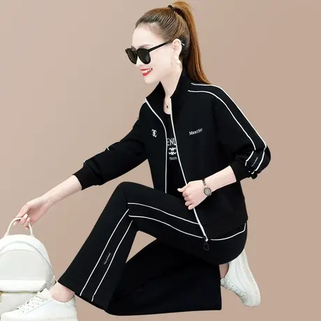 阔腿裤休闲运动服套装女春秋季2024年时尚立领拉链卫衣外套三件套商品大图
