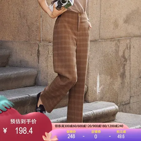 格纹毛呢裤2023春新款高腰时尚线条感西装裤气质百搭复古休闲裤女商品大图