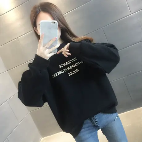 2023秋冬季新款韩版宽松休闲套头长袖卫衣加绒字母上衣女bf外套图片
