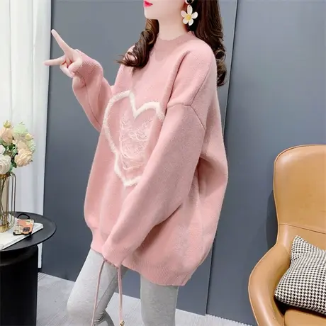 超好看粉色爱心软糯圆领毛衣女秋冬2023年新款宽松洋气减龄针织衫商品大图