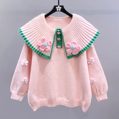 日系立体花朵娃娃领毛衣女秋冬2023新款宽松设计感洋气减龄针织衫商品大图