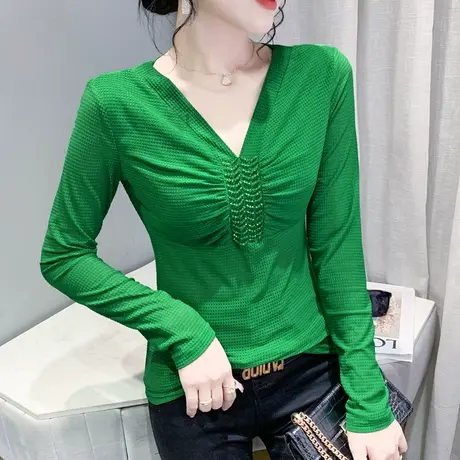 欧货钉珠V领网纱长袖T恤女性感修身内搭打底衫早秋新款上衣ins潮图片