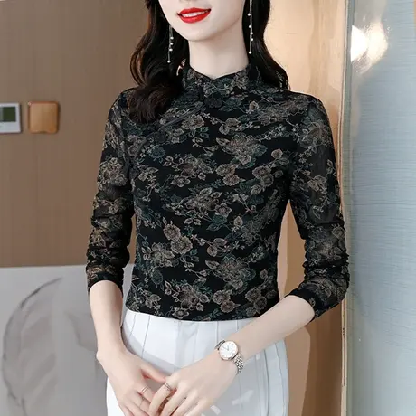 2023秋冬装新款复古网纱印花立领时尚显瘦长袖打底衫女洋气妈妈装图片