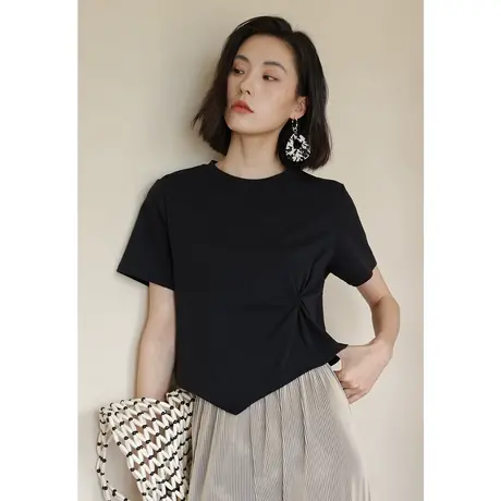 弥古黑色圆领t恤女夏冰丝短袖不规则下摆上衣短款设计感扭结小衫商品大图