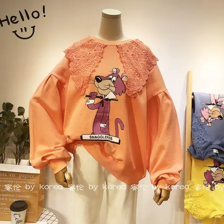 2020秋季新版蕾丝娃娃领卫衣韩国东大门卡通港味毛圈棉上衣大码潮图片